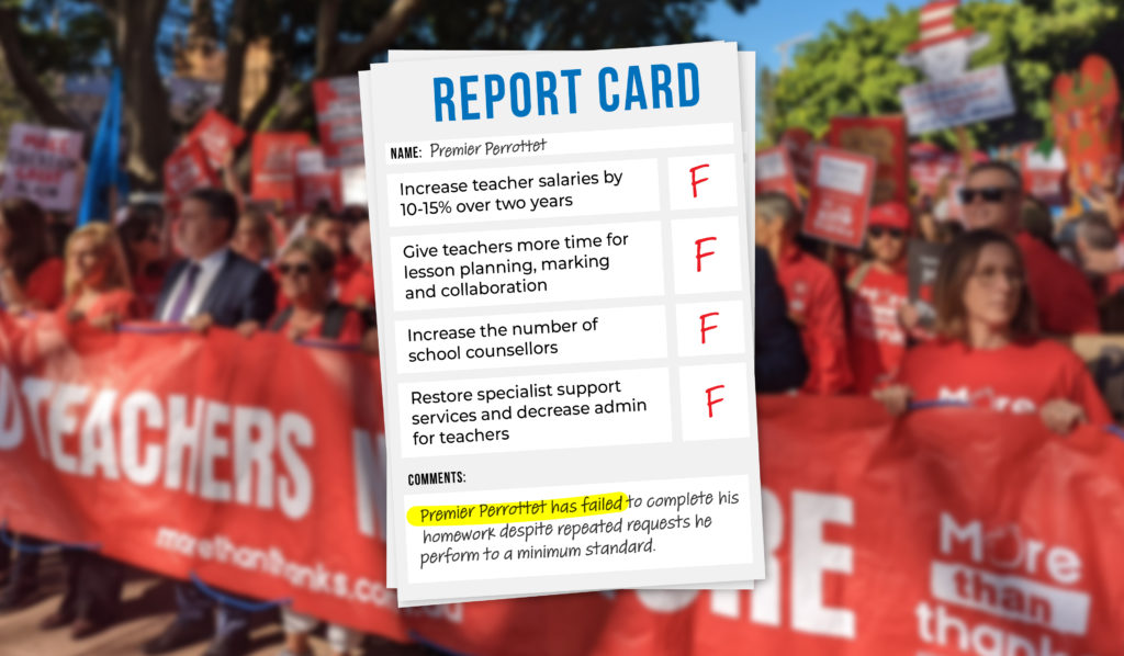 A report card for Perrottet that has Fs next to the following demands:

1. Increase teacher salaries by 10-15% over two years
2. Give teachers more time for lesson planning, marking and collaboration
3. Increase the number of school counsellors 
4. Restore specialist support services and decrease admin 

Comments: Perrottet has failed to complete his homework despite repeated requests he perform to a minimum standard. 