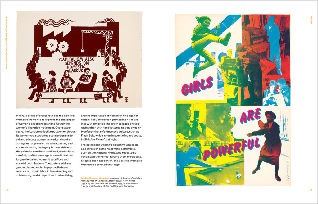 Two page spread from Strikethrough showing illustrations/posters of women led labour movements.