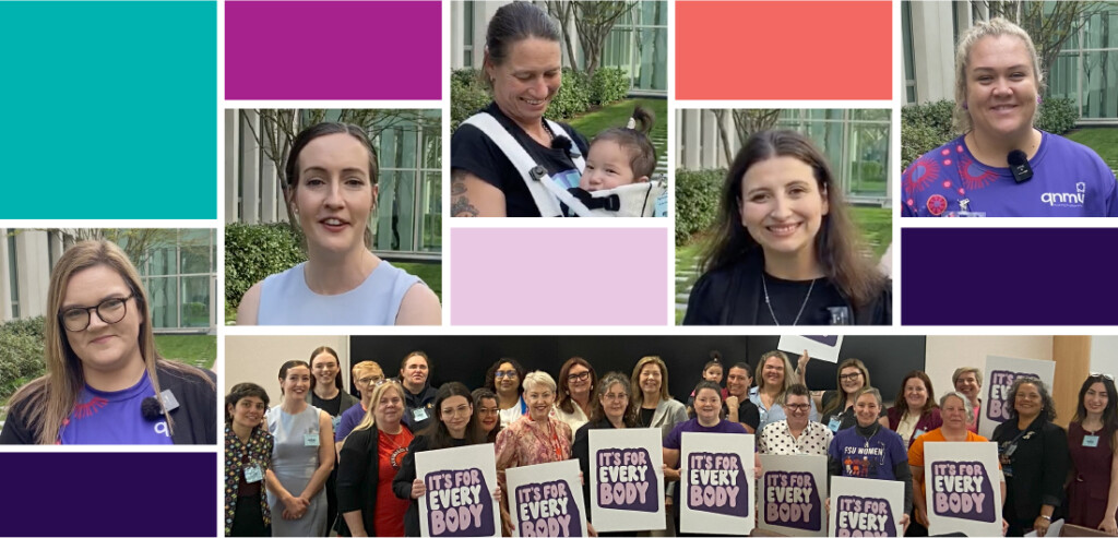 Collage of workers supporting reproductive health leave