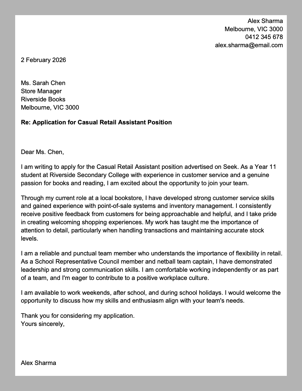 Sample cover letter document