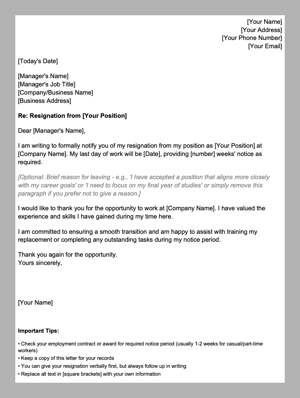 Sample resignation letter template